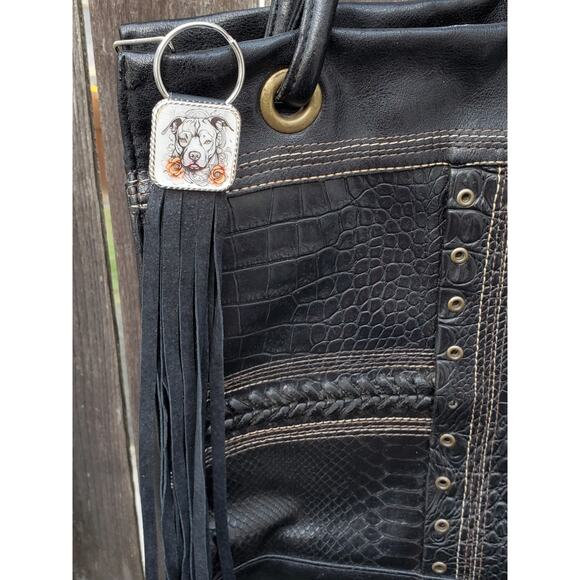 Handmade boho Pitbull lover Leather Fringe Western bag charm Long keychain - Picture 2 of 3